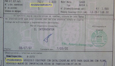 Tarjeta ITV 900 2.0T SE MY`96 (Neumáticos homologados).